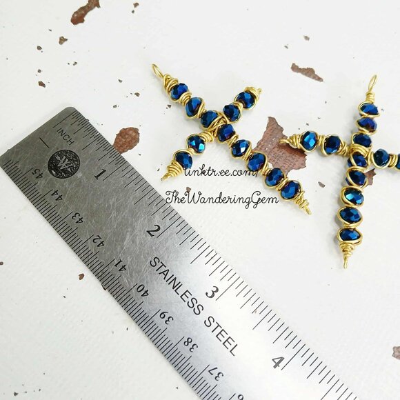 Cobalt Faceted Glass Beaded Cross Pendant, Wire Wrapped Pendant, 3" - Picture 4 of 4